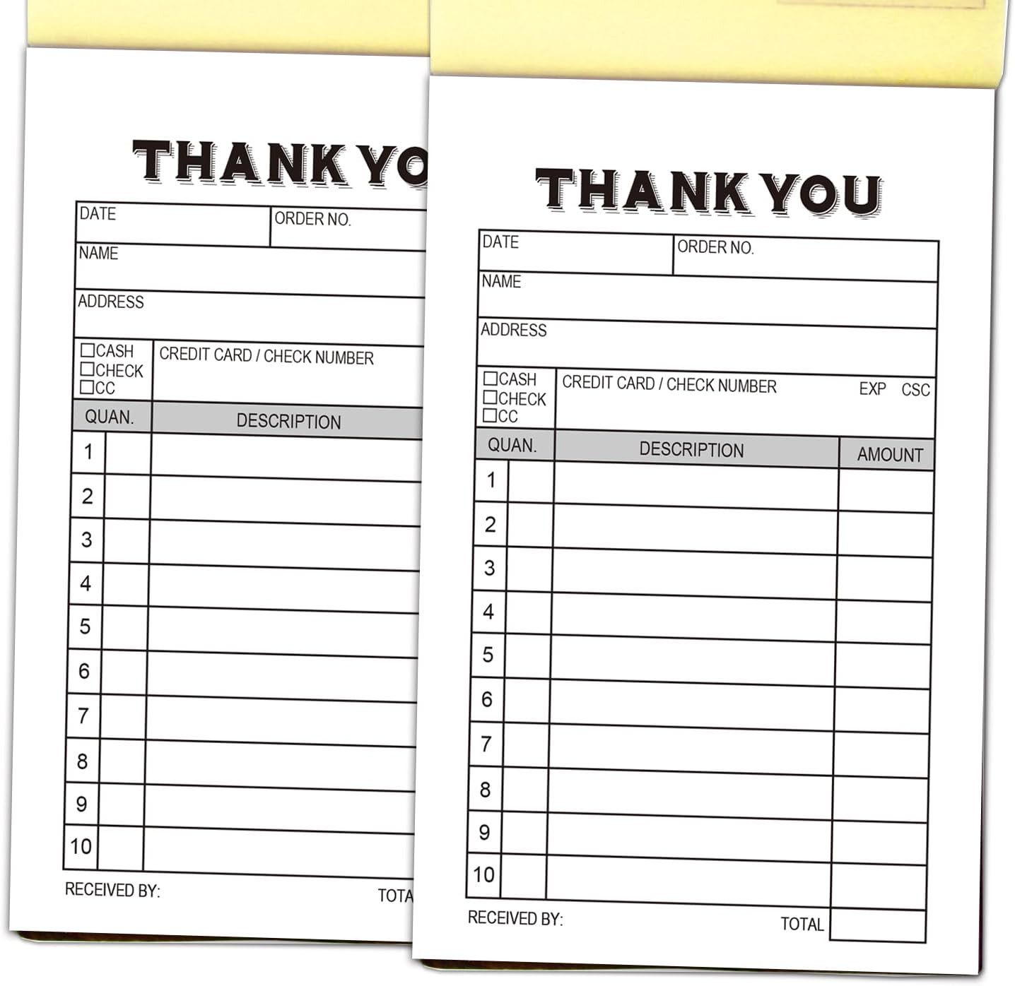 2-Pack Thank You Receipt Pad, Sales Receipt Form, Order Book, Invoice Booklet fo