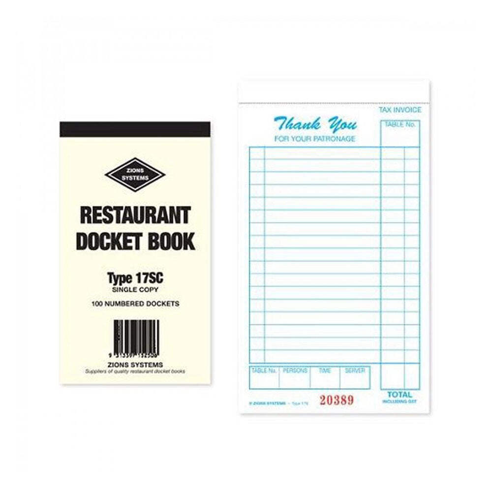 Zions Single Copy Restaurant Docket Books 17SC Premium High Quality Durable