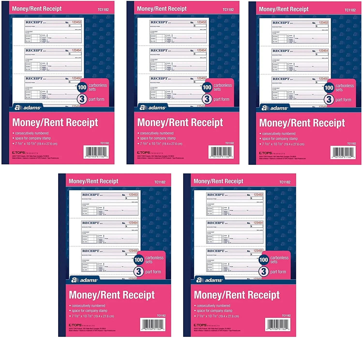 Adams Money and Rent Receipt Books, 3-Part Carbonless, 7-5/8 x 10-7/8, White
