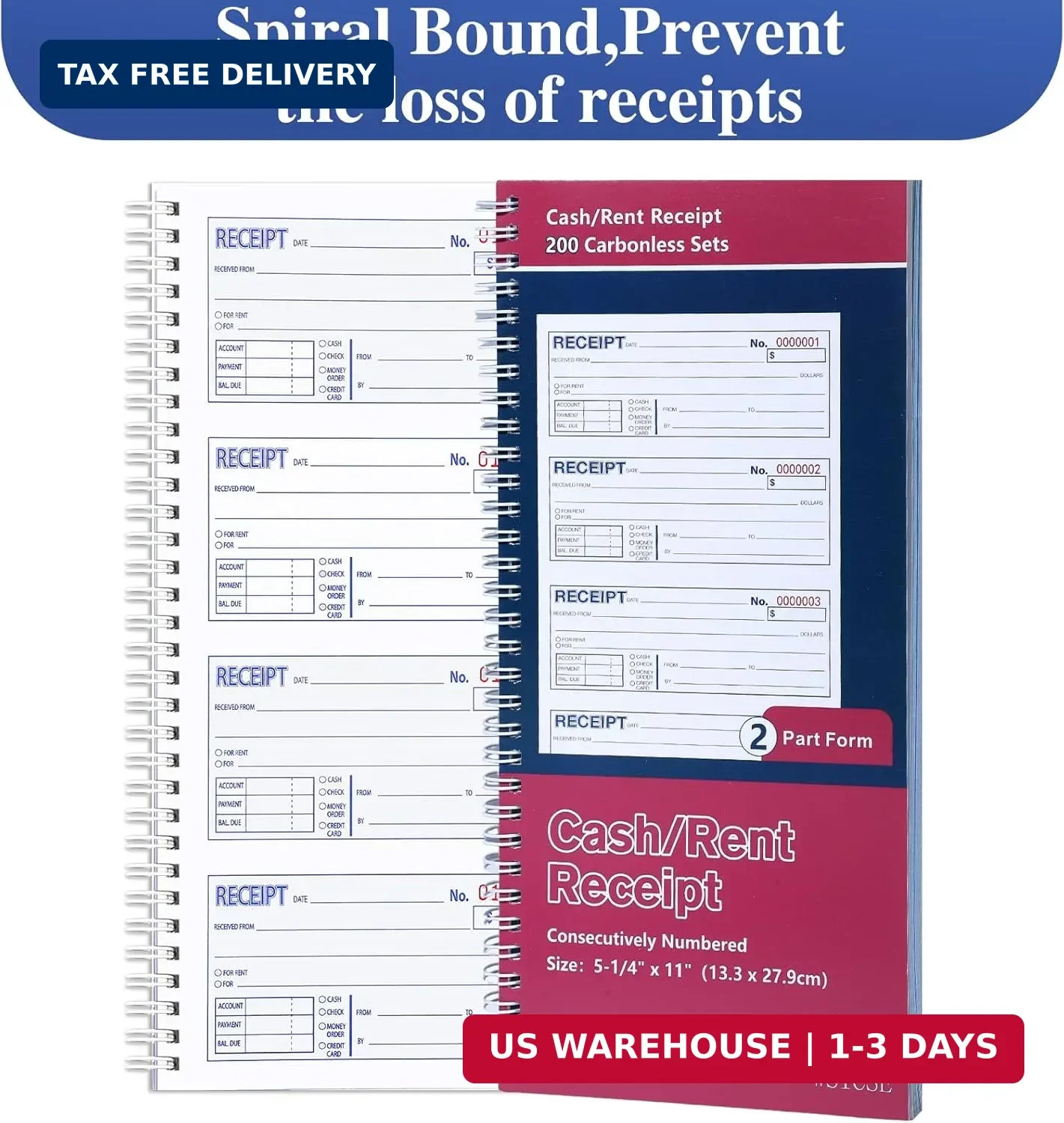 2 Pack Receipt Books with Carbon Copies, Rent Receipt Book, 2-Part Carbonless, 5