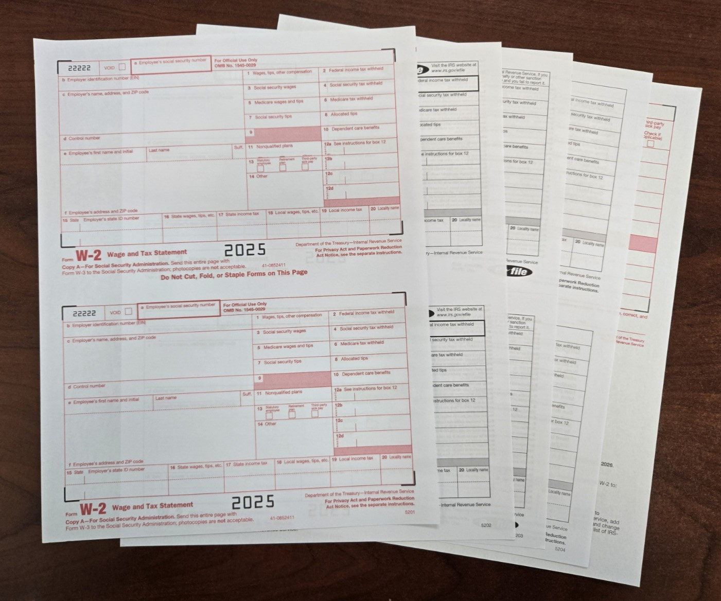 2025 IRS Tax Form W-2 – 10 employees LASER 4 Pt + (2) W-3 – No Envelopes