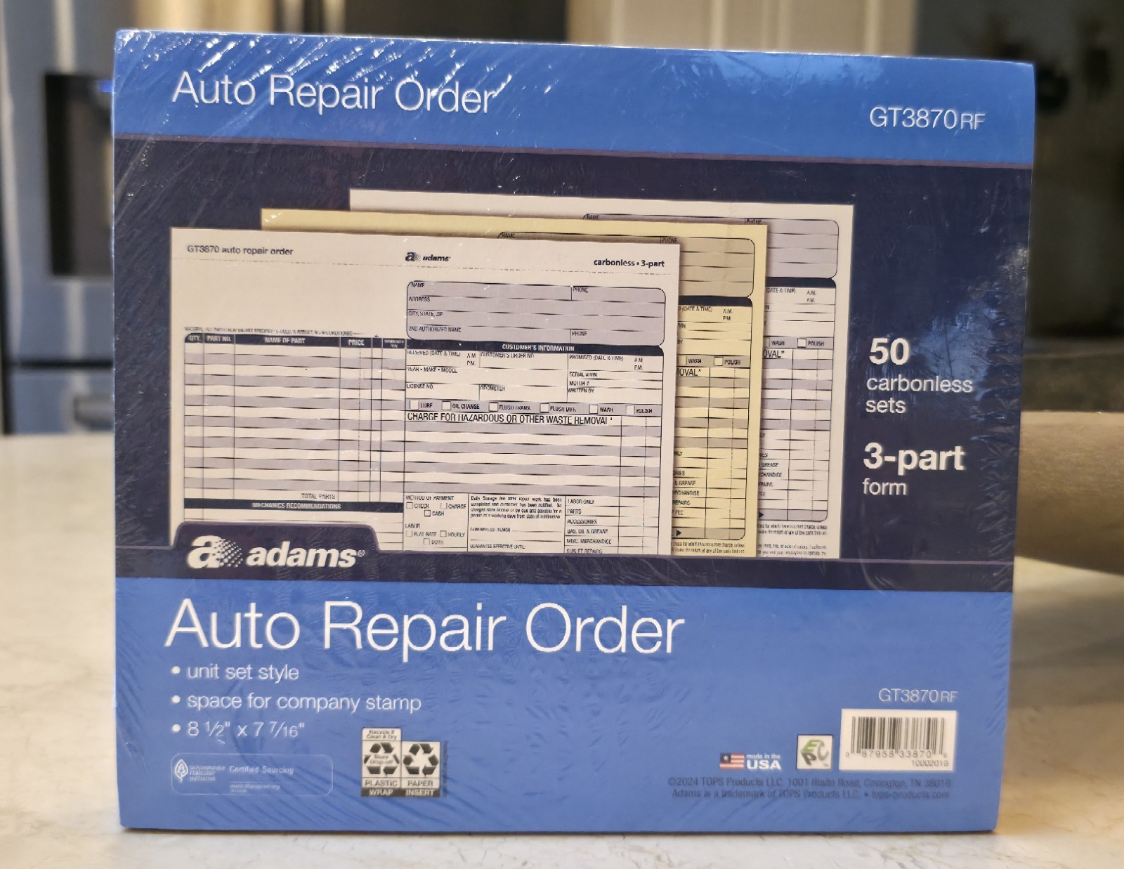 Adams GT3870 8.5 in x 7.44 in Repair Order Form Invoices – 50 Count Sealed