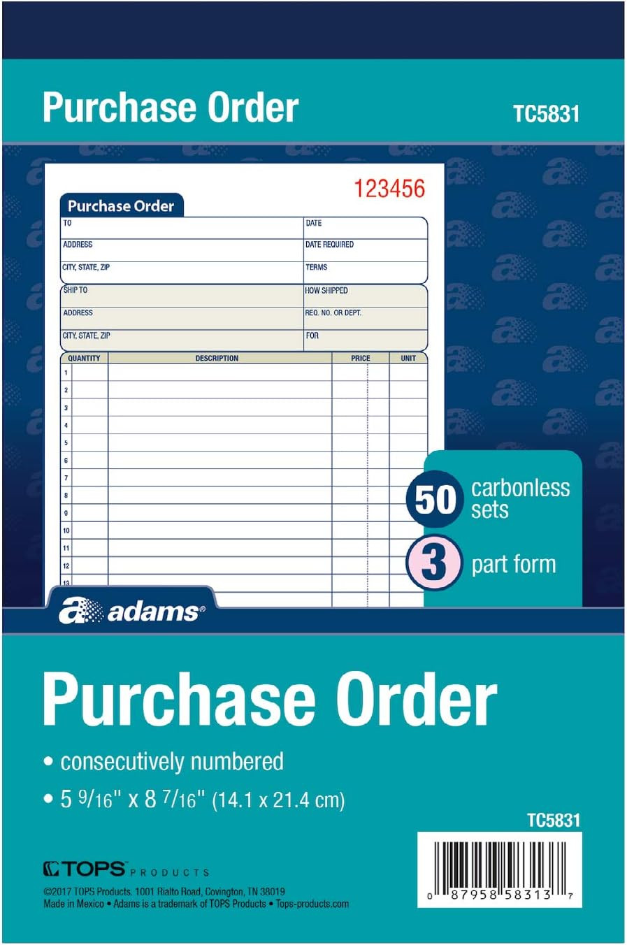 Purchase Order Book, 3-Part Carbonless, White/Canary/Pink, 5-9/16 X 8-7/16 Inche