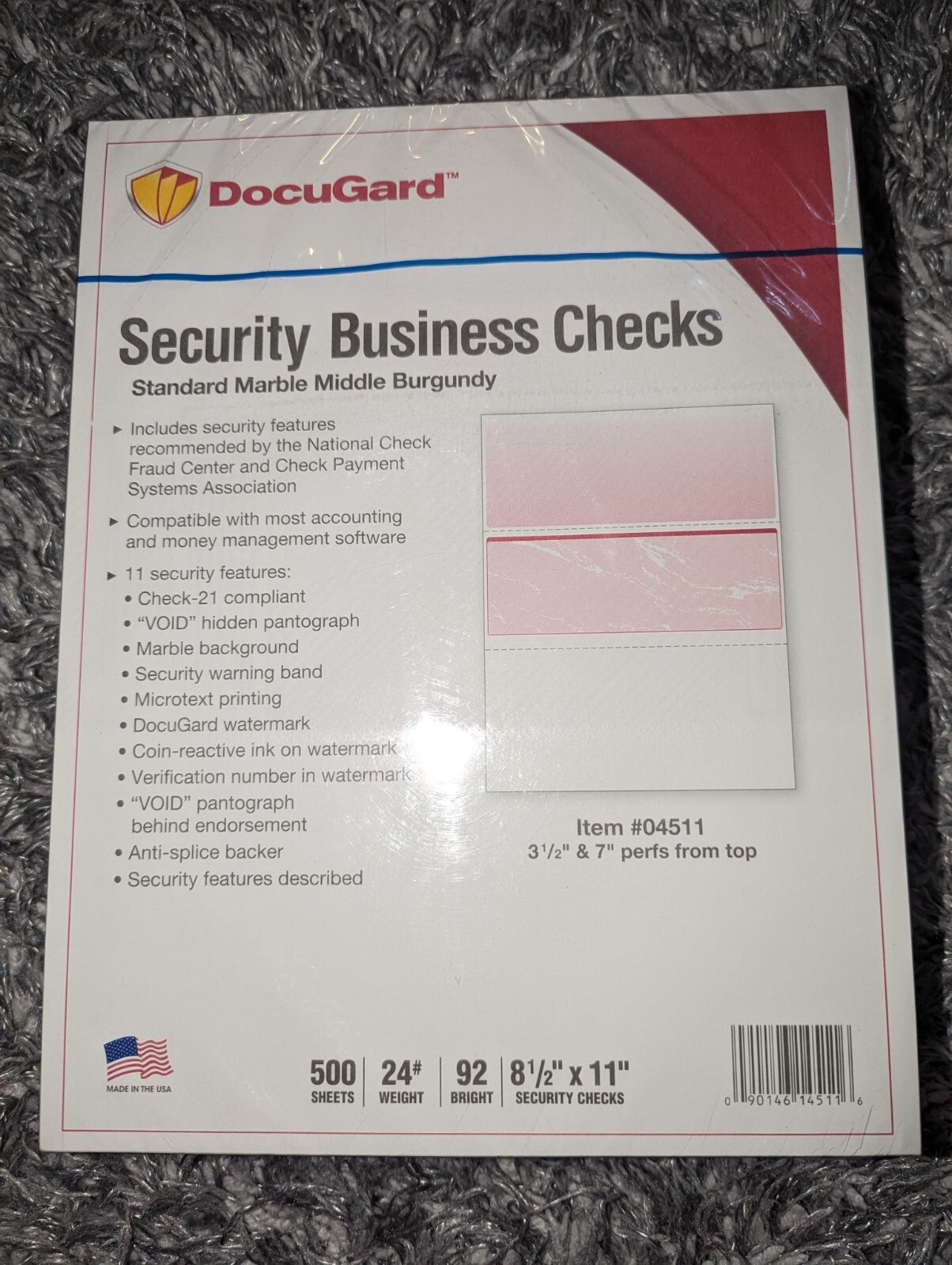 Docuguard Security Business Checks Standard Marble Middle Burgundy #04511 New
