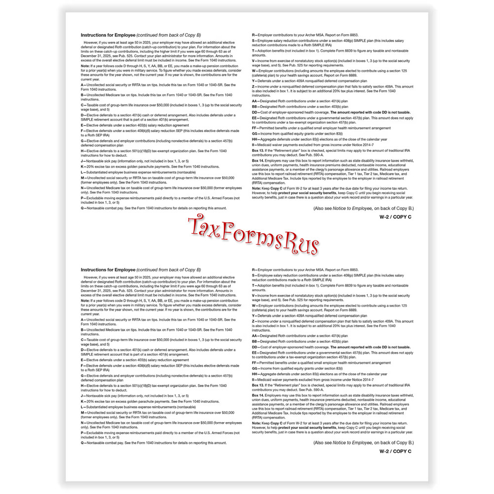 2025 IRS Tax Form W-2 Wage Stmts LASER single sheet set for 2 employees, 6-part