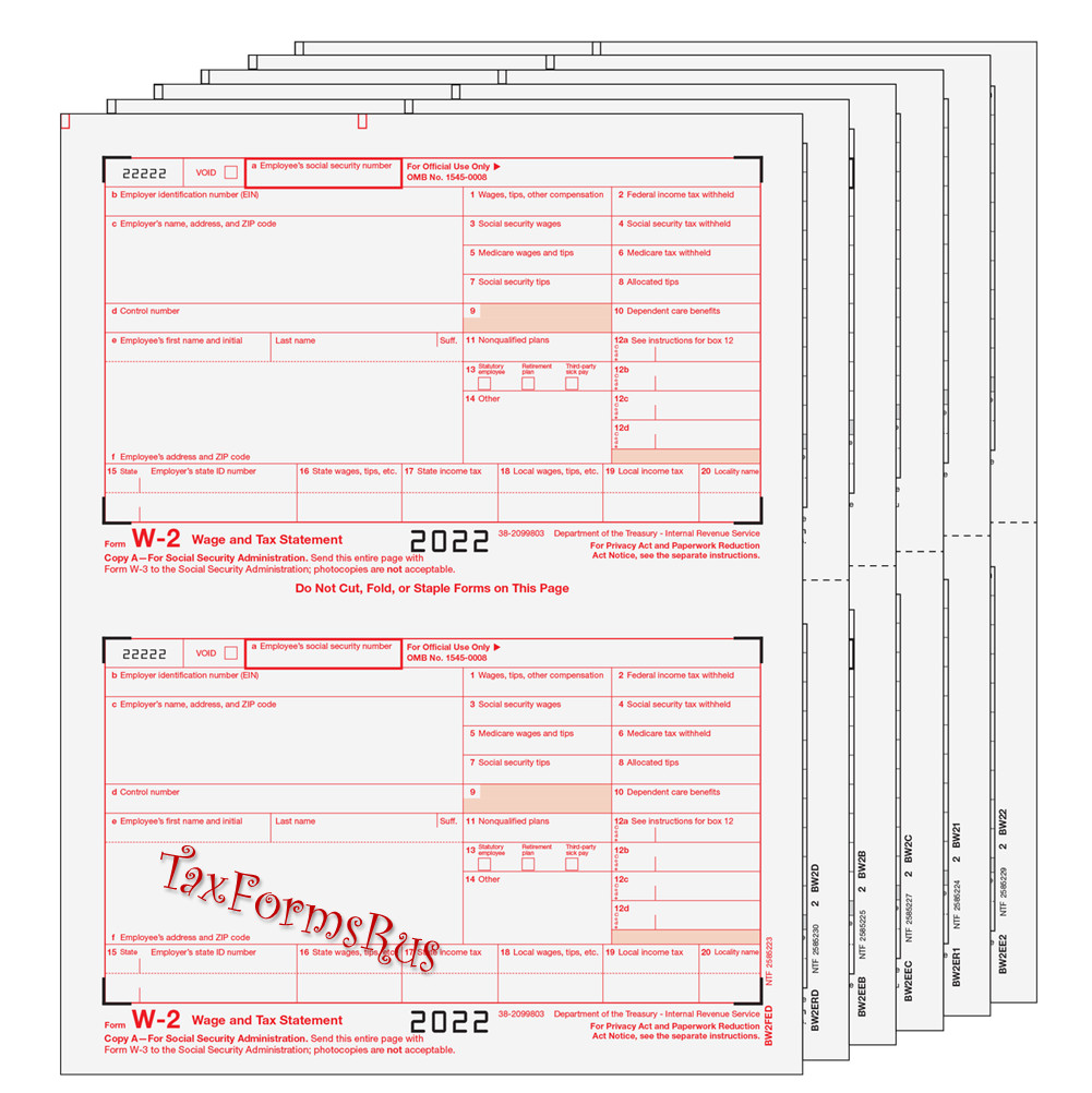 2022 IRS Tax Form W-2 Wage Stmts LASER single sheet set for 2 employees, 6-part