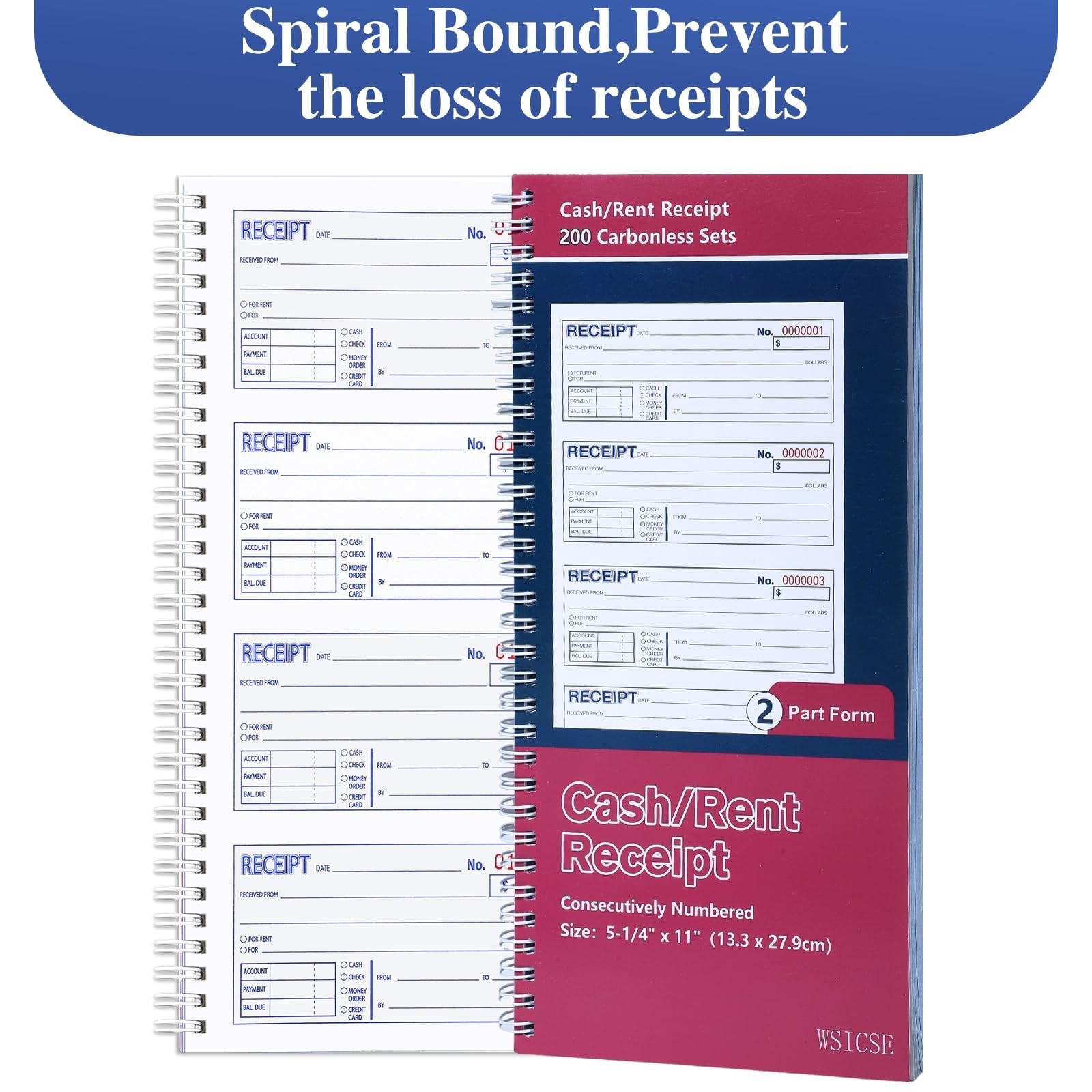 4 Pack Carbonless Receipt Books, 2-Part Spiral Bound, Rent Receipts, 200 Sets
