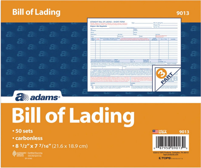 Adams Bill of Lading Short Form, 8.5 X 7.5 Inches, 3-part, 50-forms, White