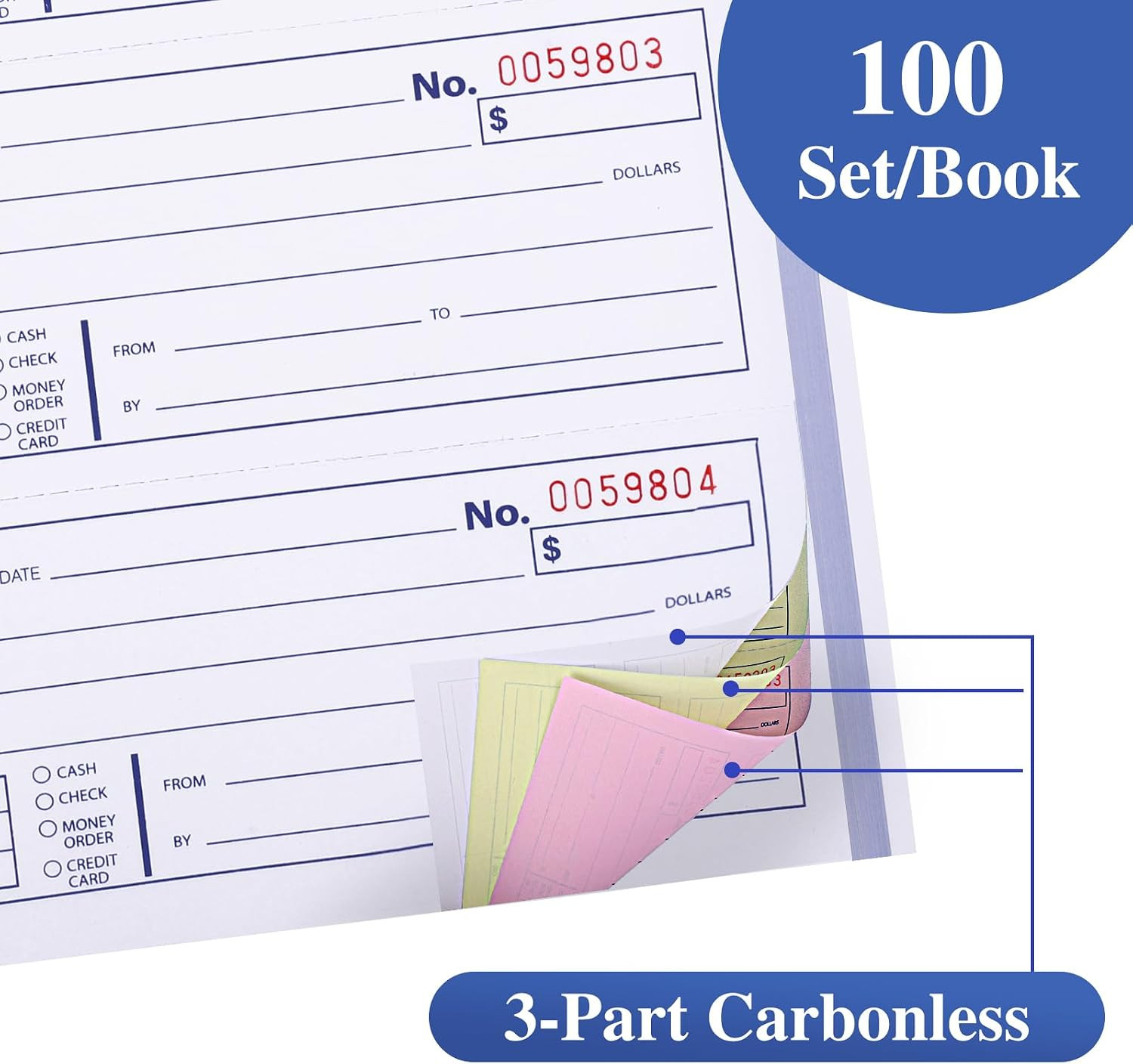 1 Pack Receipt Books with Carbon Copies, Rent Receipt Book, 3-Part Carbonless, 5