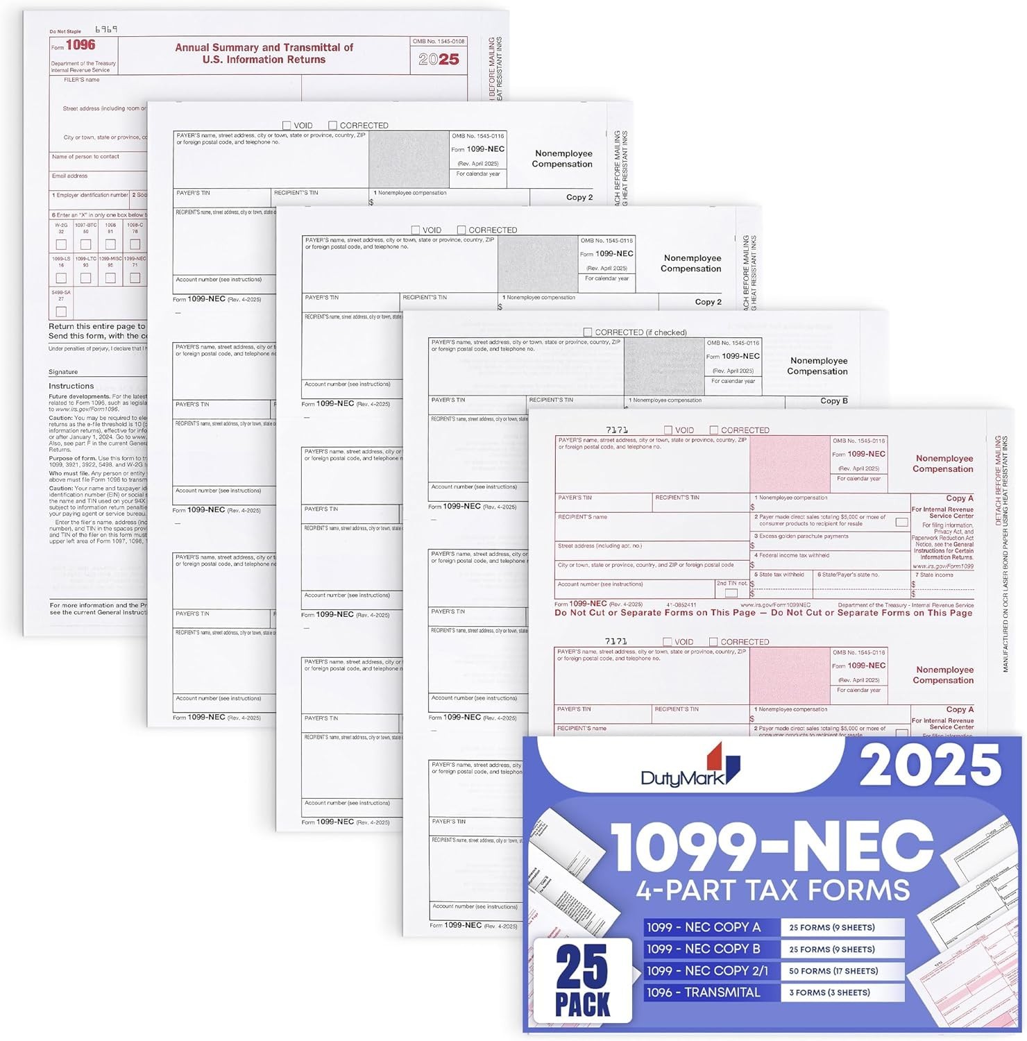 Streamlined Tax Filing: 25-Pack 1099 NEC Forms, Compatible with Tax Software