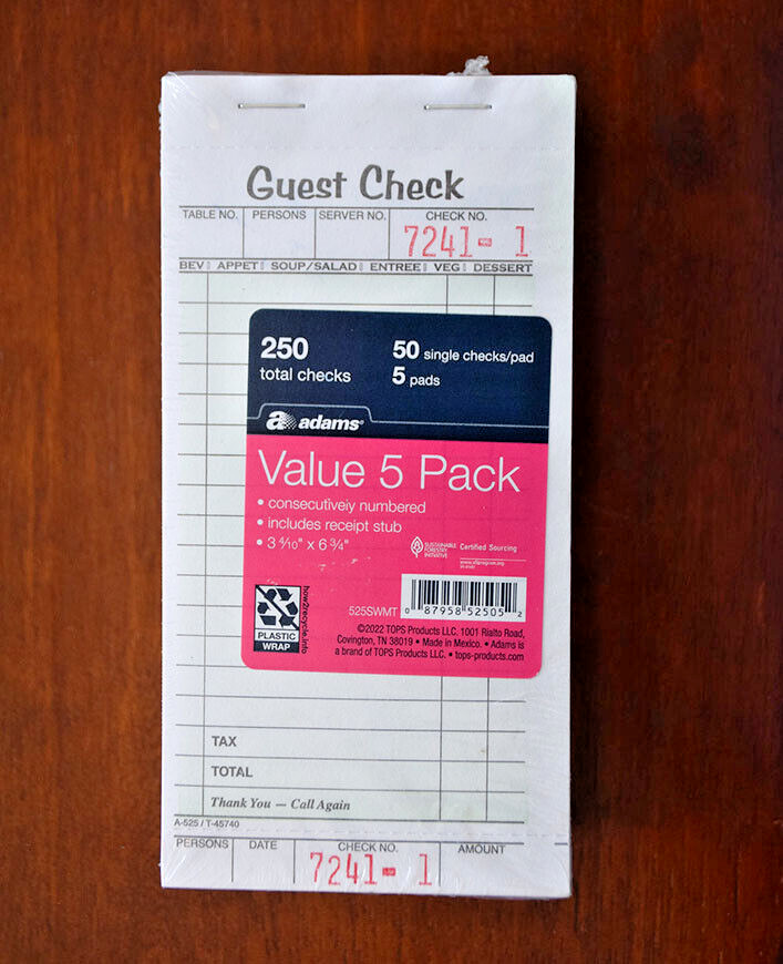 TOPS Guest Check 5-Pad Pack Single Part 50 Sheets/ea =Total 250 Cafe Slips, NEW