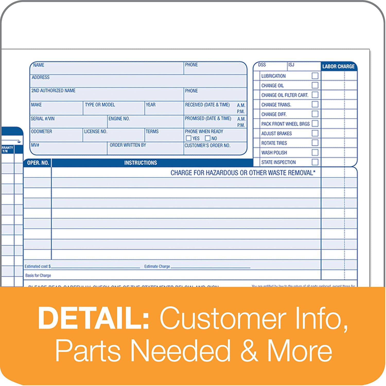 Garage Repair Order Forms, 8.5 X 11 Inch, 3 Part, 250Count, Canary and White Tag