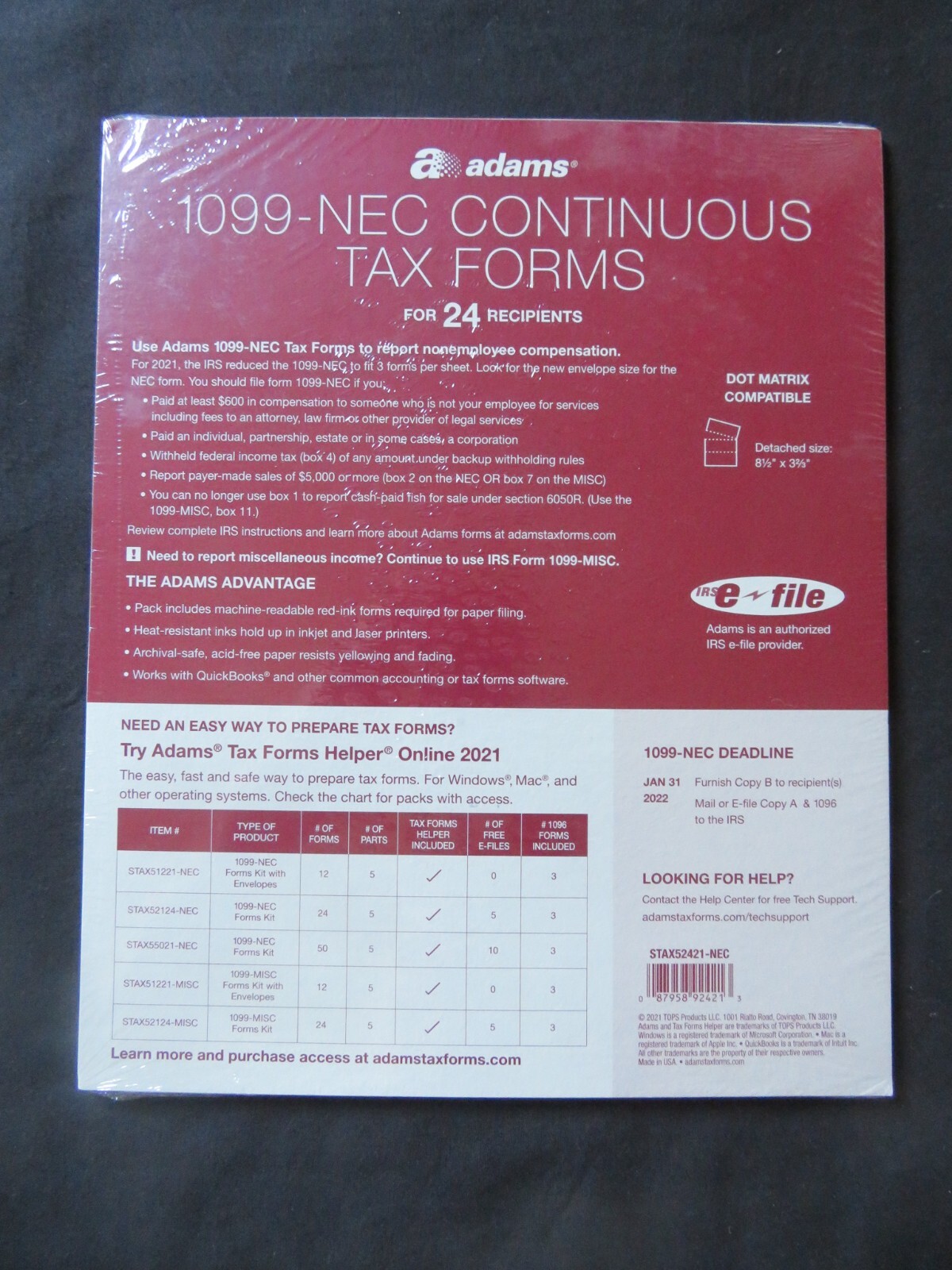 2021 Adams 1099-Misc Continuous Tax Forms 24 5-Part Sets, 3 1096 Summary Forms