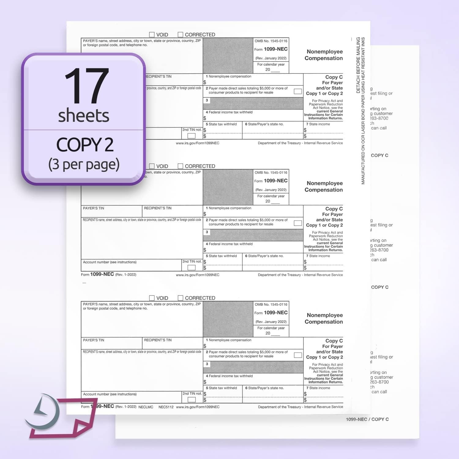 1099 NEC Forms 2025 for 25 Recipients 4 Part Laser Tax Forms Kit, 3 1096 Forms,