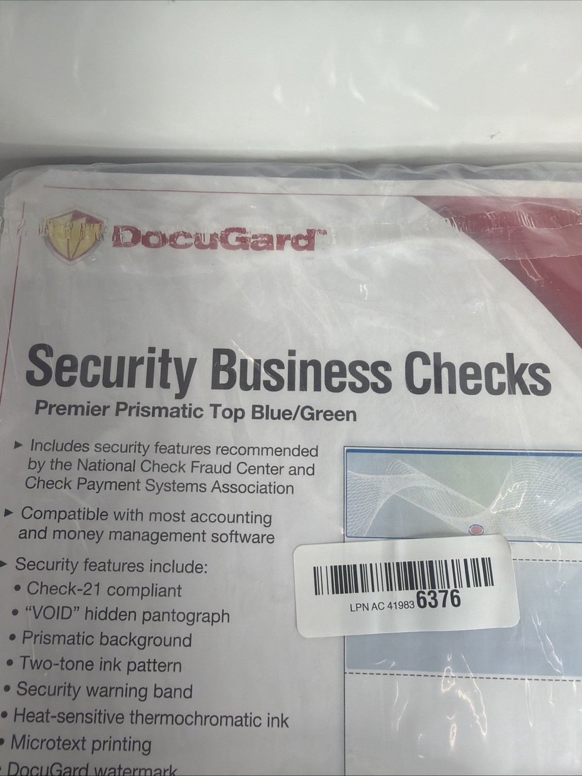 DocuGard Prismatic Business Checks 3/pg Blue Green 2500 Sheets 8.5×11