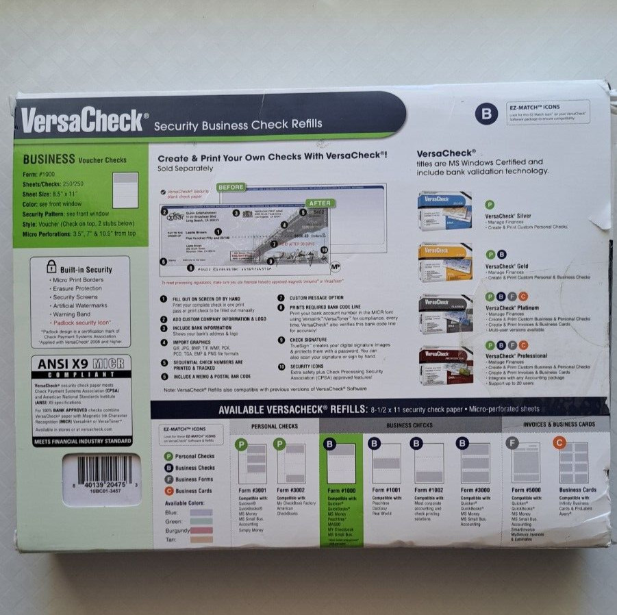 VersaCheck 1000 Blue Classic Top Voucher Security Computer Checks 250 Sheets NEW