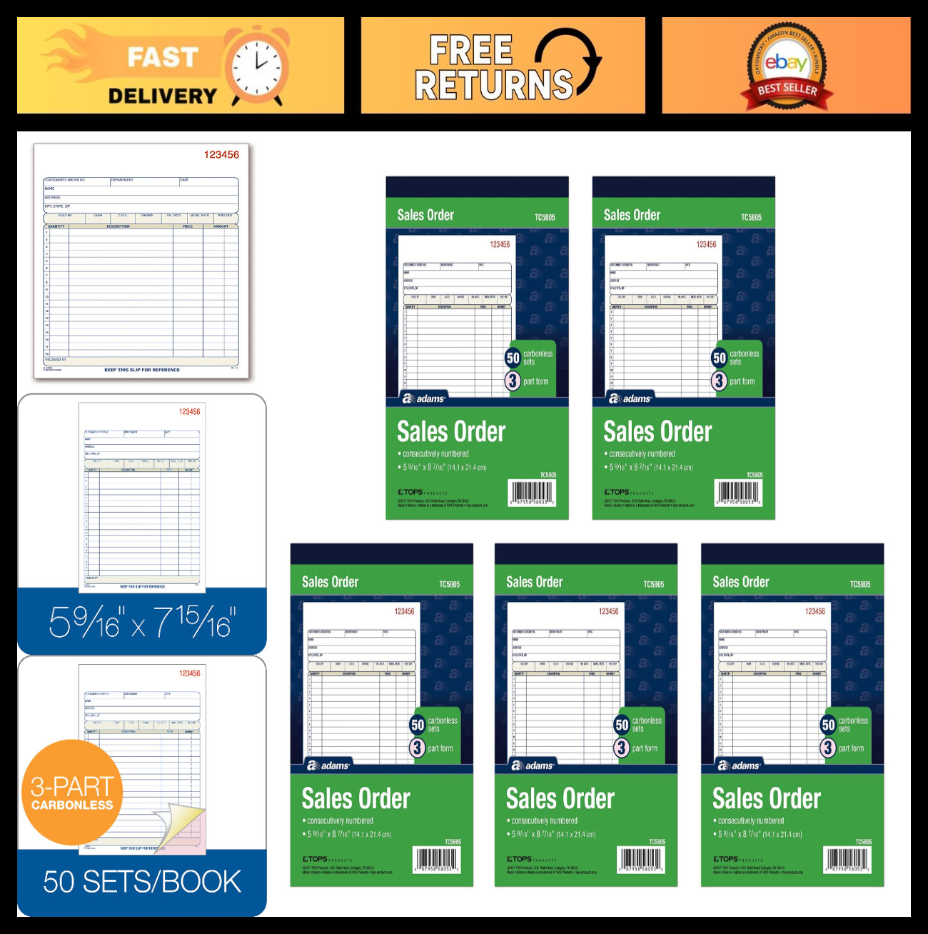 3-Part Carbonless Sales Order Book, 50 Sets per Book, Wraparound Cover, 250 Tota
