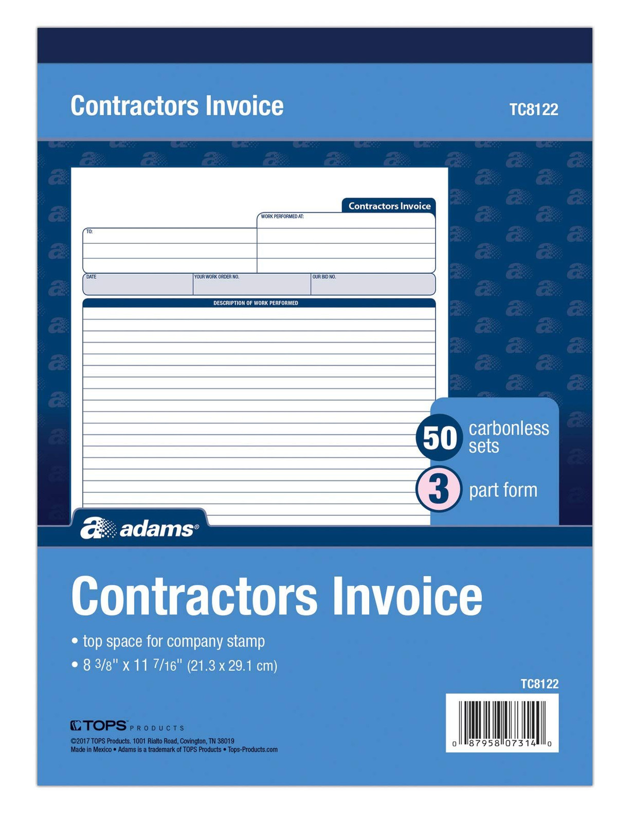 Adams Contractor’s Invoice Book, 3-Part, 50 Sets 1-Pack, White/Canary/Pink