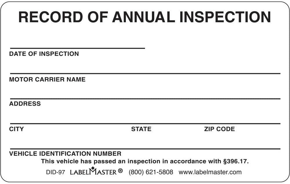Annual Inspection Vehicle Inspection Label Self-Laminating 396.17 25 Decals