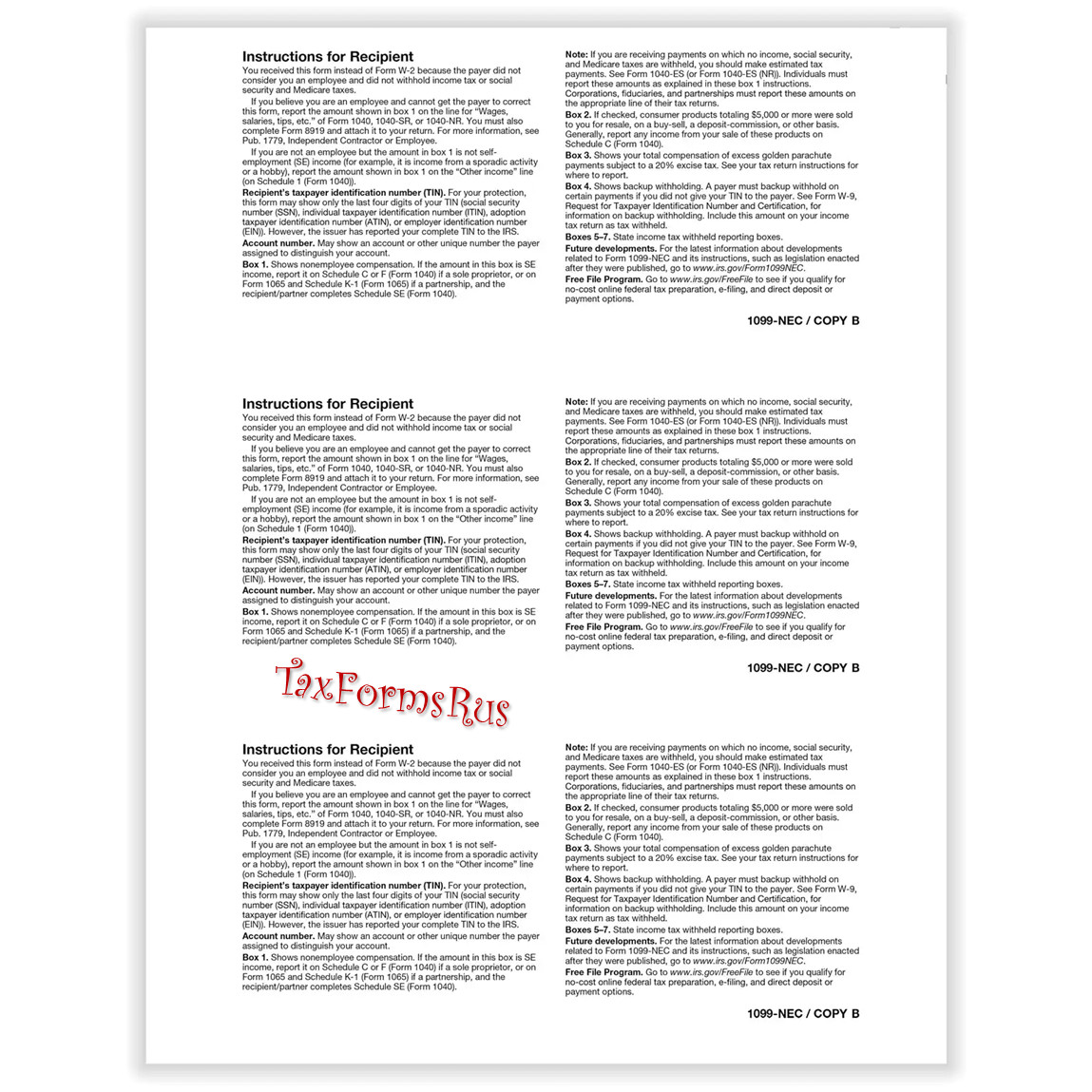 2025 IRS TAX FORMS KIT: 1099-NEC 6 recipients +envelopes + (1)1096 LASER 4pt 3UP
