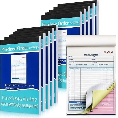 10 Pack Carbonless Purchase Order Forms – 3 Part Books for Small Business, 50 Se