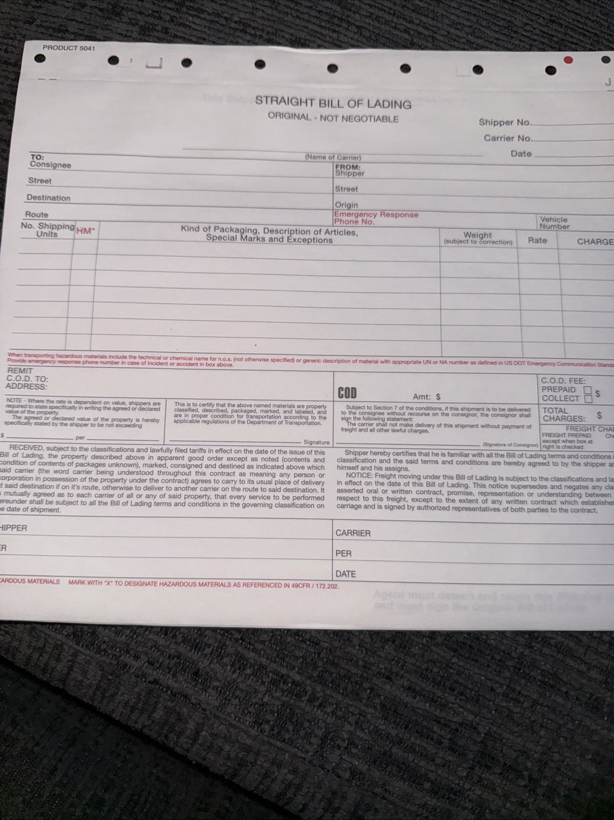 Uline 4 Part Carbonless Bill Of Lading. 250 Count