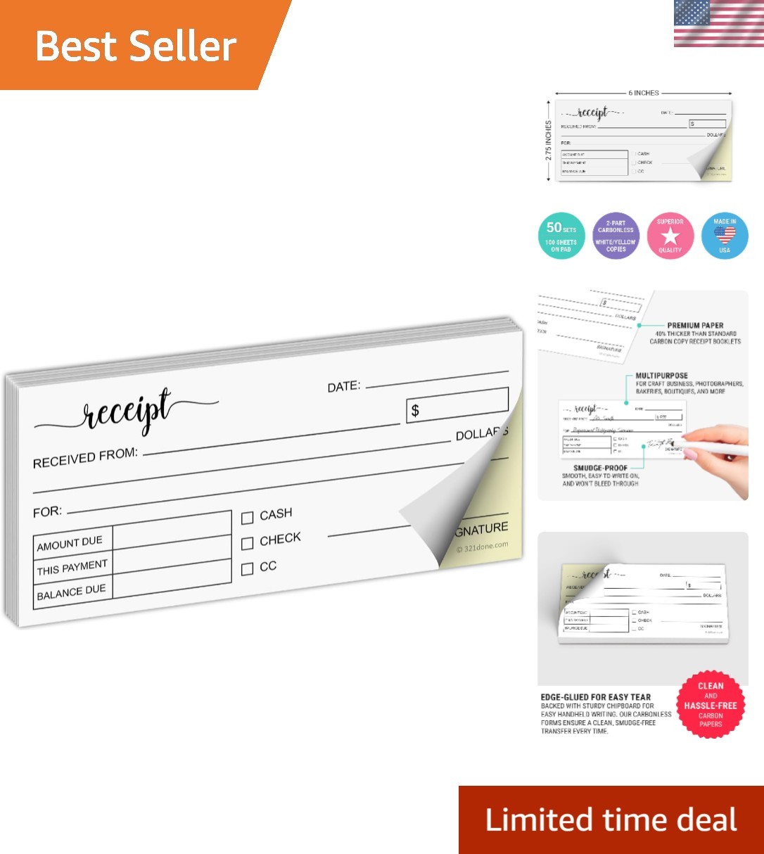 2.75×6 Pocket Size Carbonless Receipt Book – Stylish 50 Set Notepad for Boutique