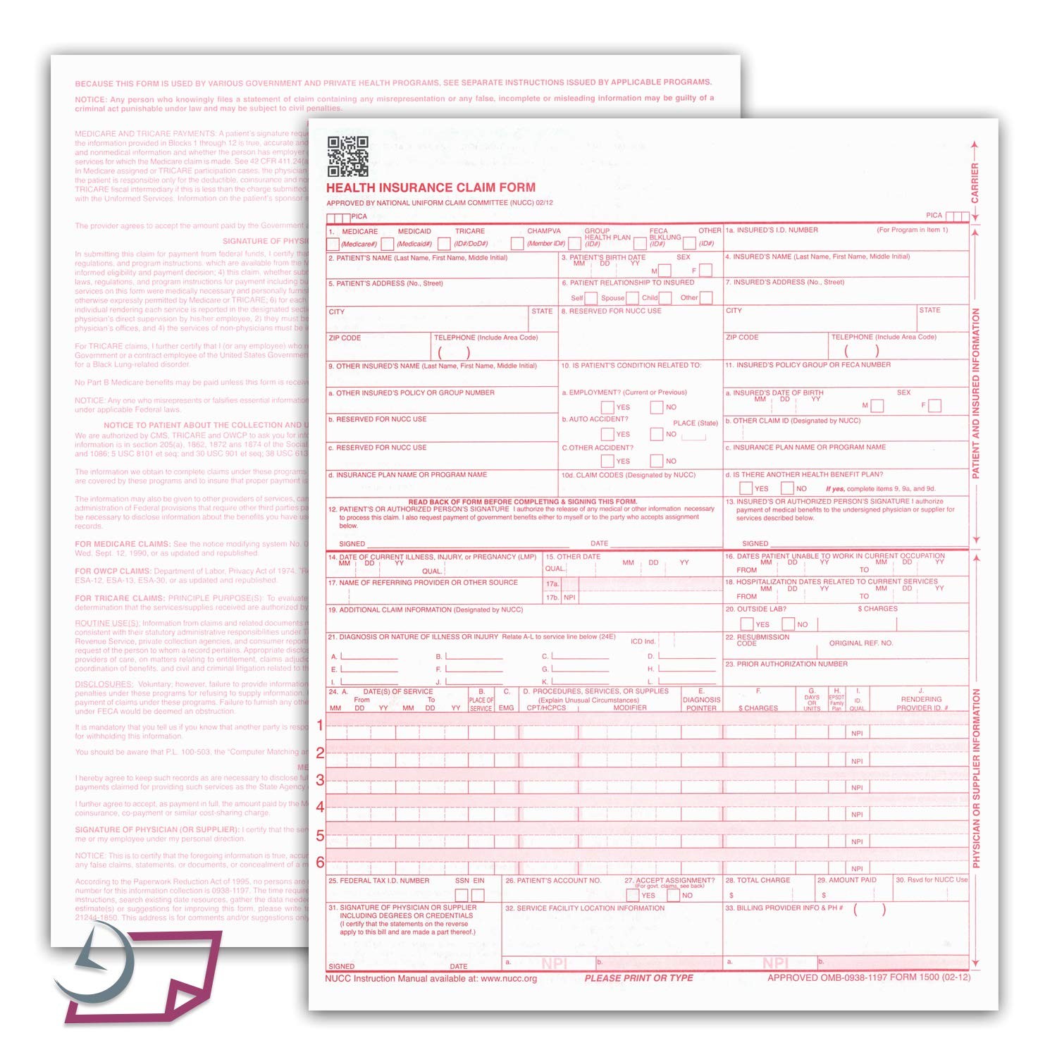 – CMS 1500 / HCFA 1500 Insurance Claim Forms – Laser/Ink-Jet Compatible (New …