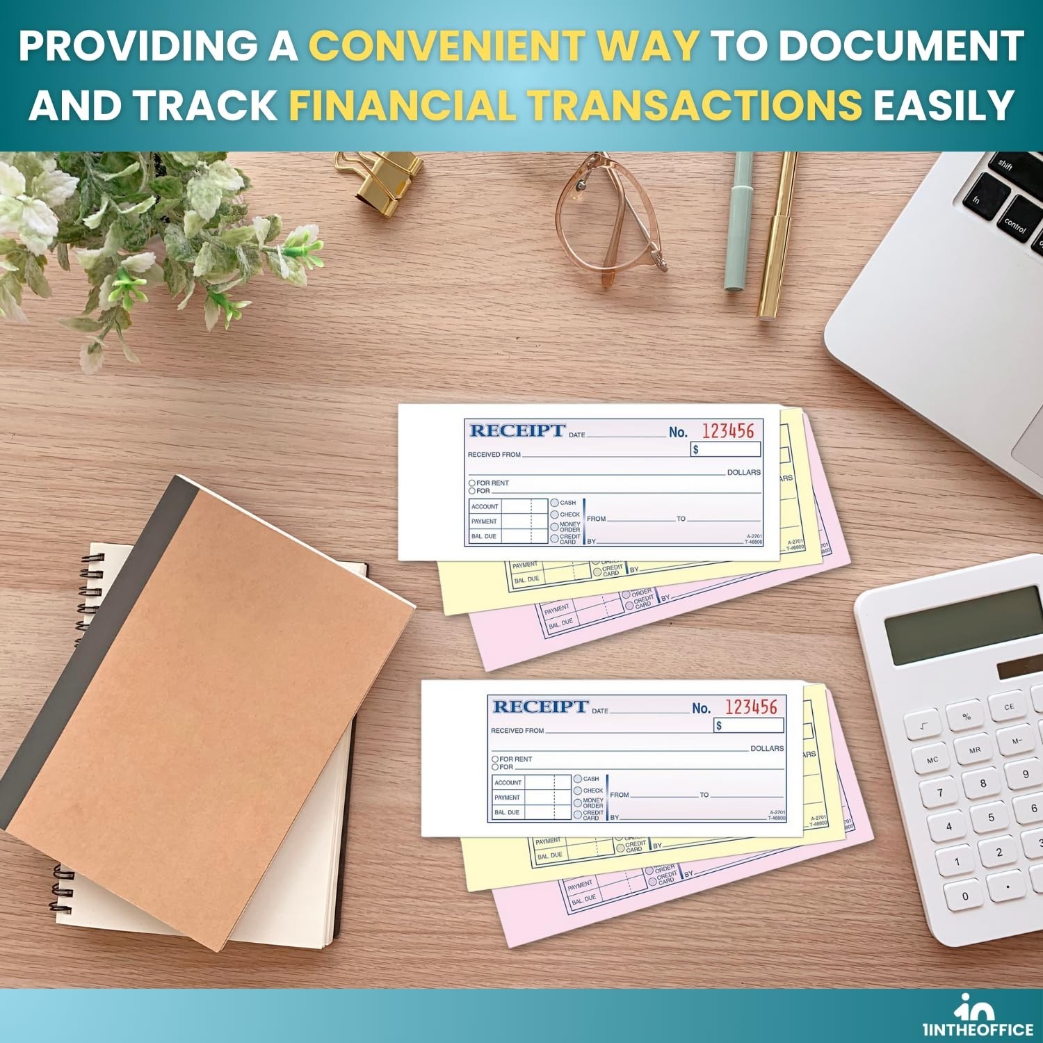 1InTheOffice Money and Rent Receipt, 2-3/4 x 7-3/16 Inches, 3-Parts, Carbonle…