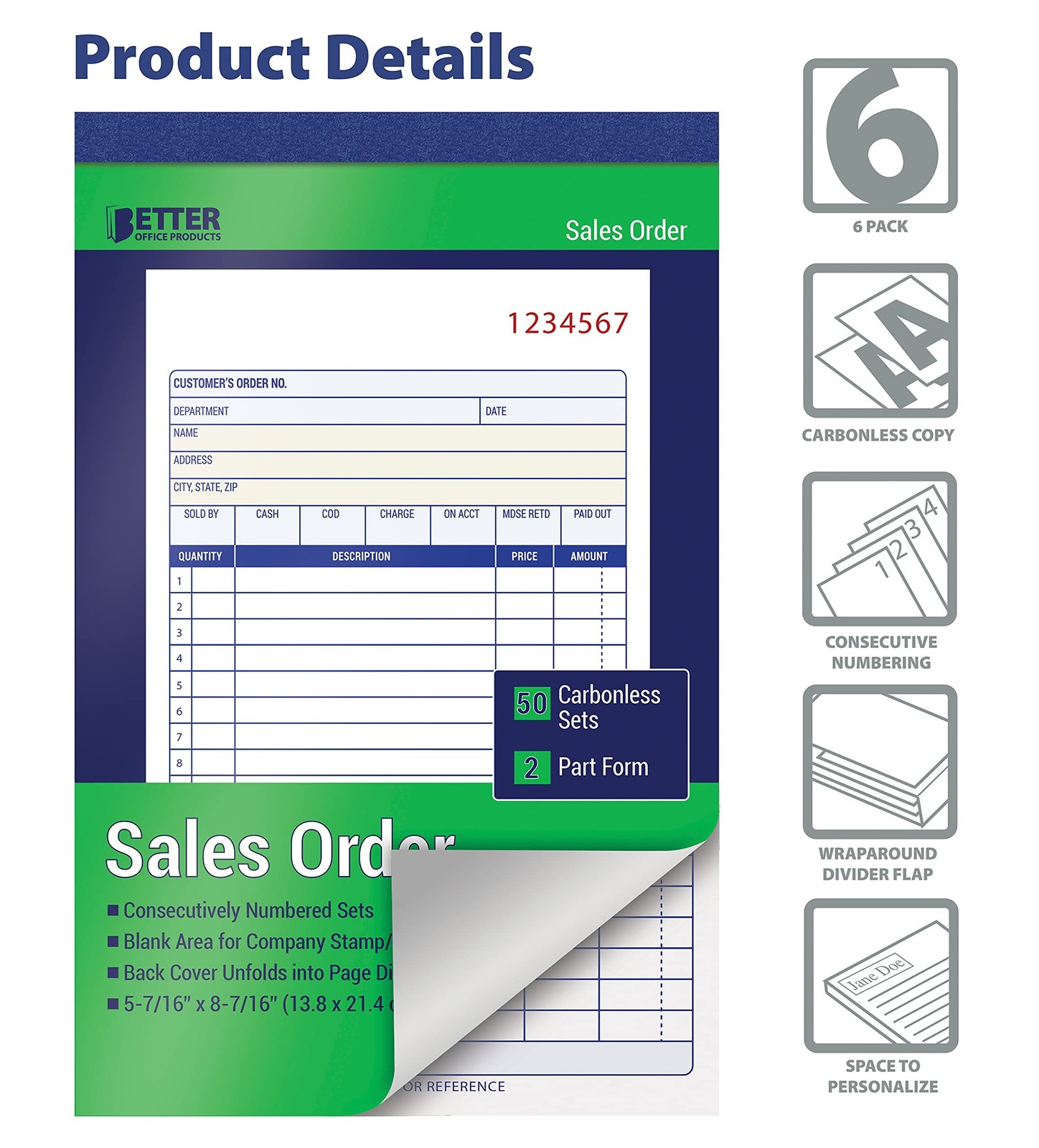 Better Office Products Large Sales Order Books, 6 Pack, 2-Part Carbonless (Wh…