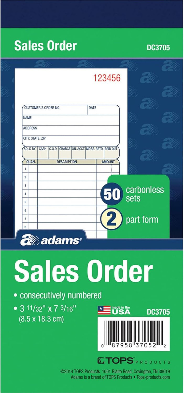 Sales Order Book, 2-Part, Carbonless, White/Canary, 3-11/32 X 7-3/16 Inches, 50