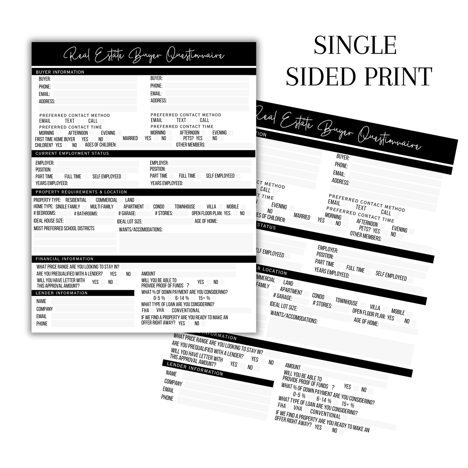 50 PCS Real Estate Buyer Seller Questionnaire Agent Form 8.5×11 Inch Mailer