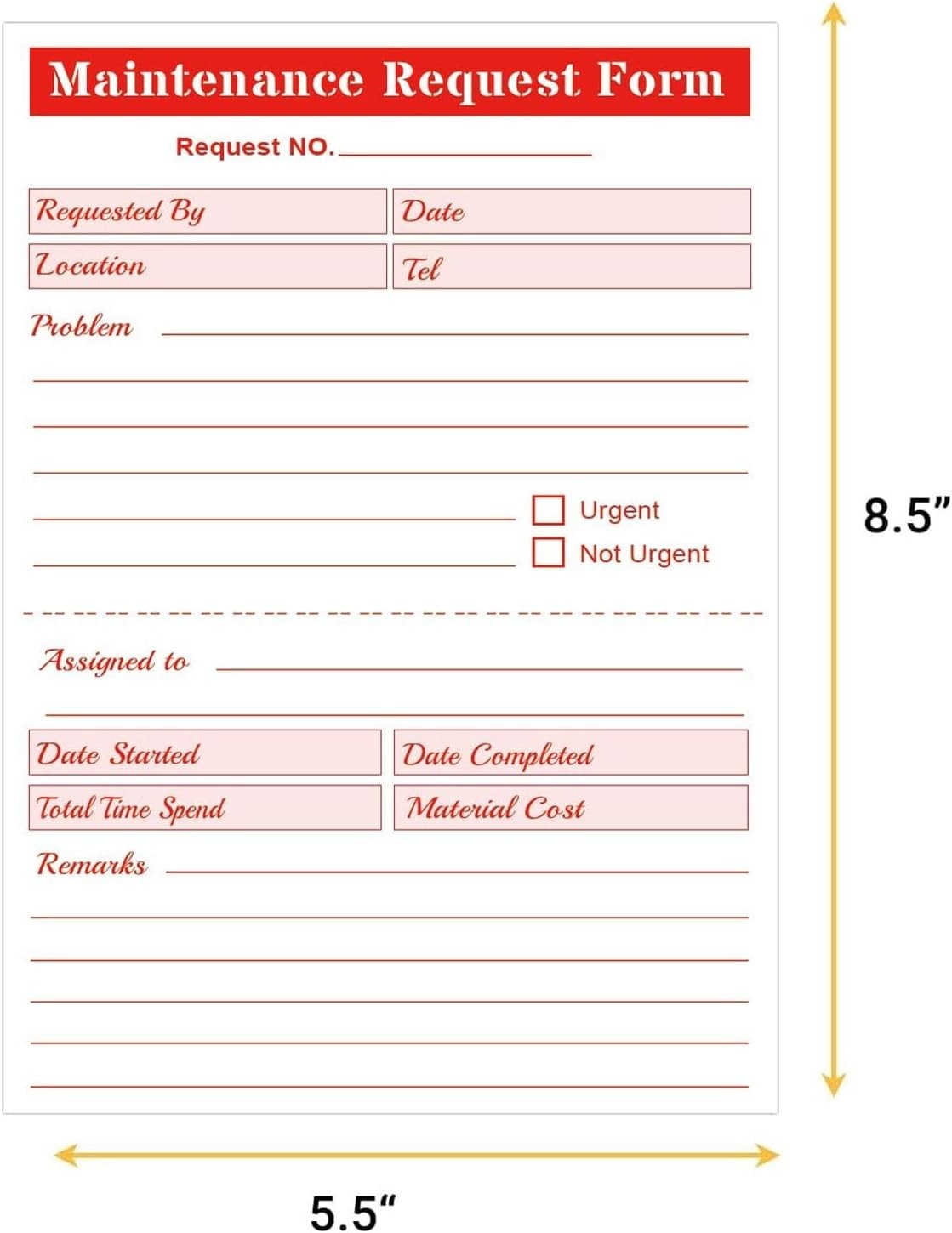 Maintenance Request Book Forms 5.5 x 8.5 Repair Request Slips Work Order 100 Pcs