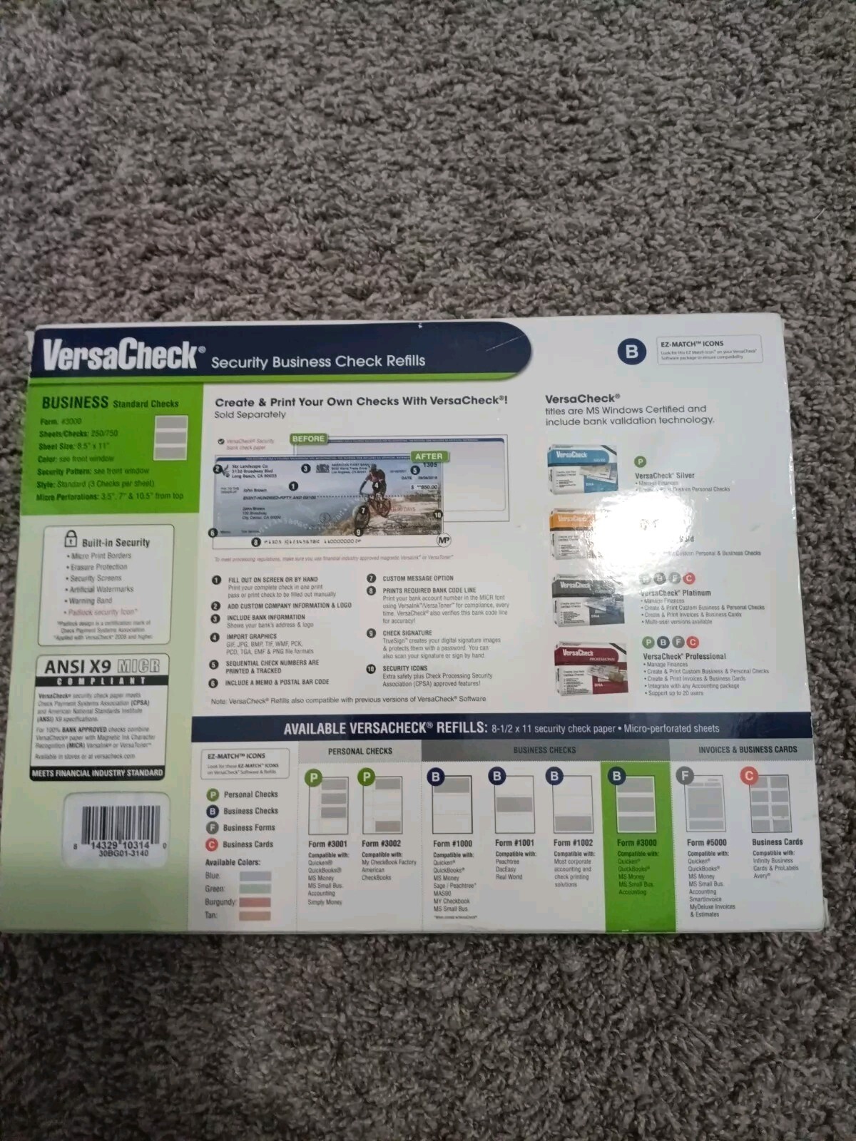 VersaCheck Security Business Check Refills 750 Standard Checks Form #3000 New