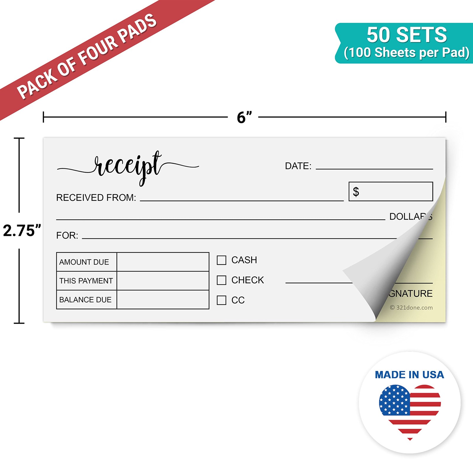321Done Receipt Book with Carbon Copies 4-Pack – for 4-Pack, Receipt,