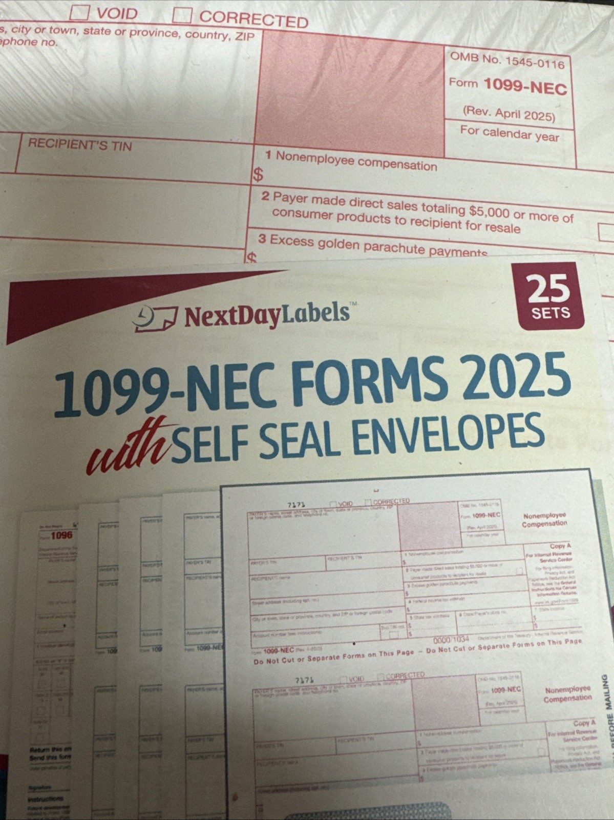 Next Day Labels 1099 NEC Forms 2025 With Self Seal Envelopes 25 Sets Unopened