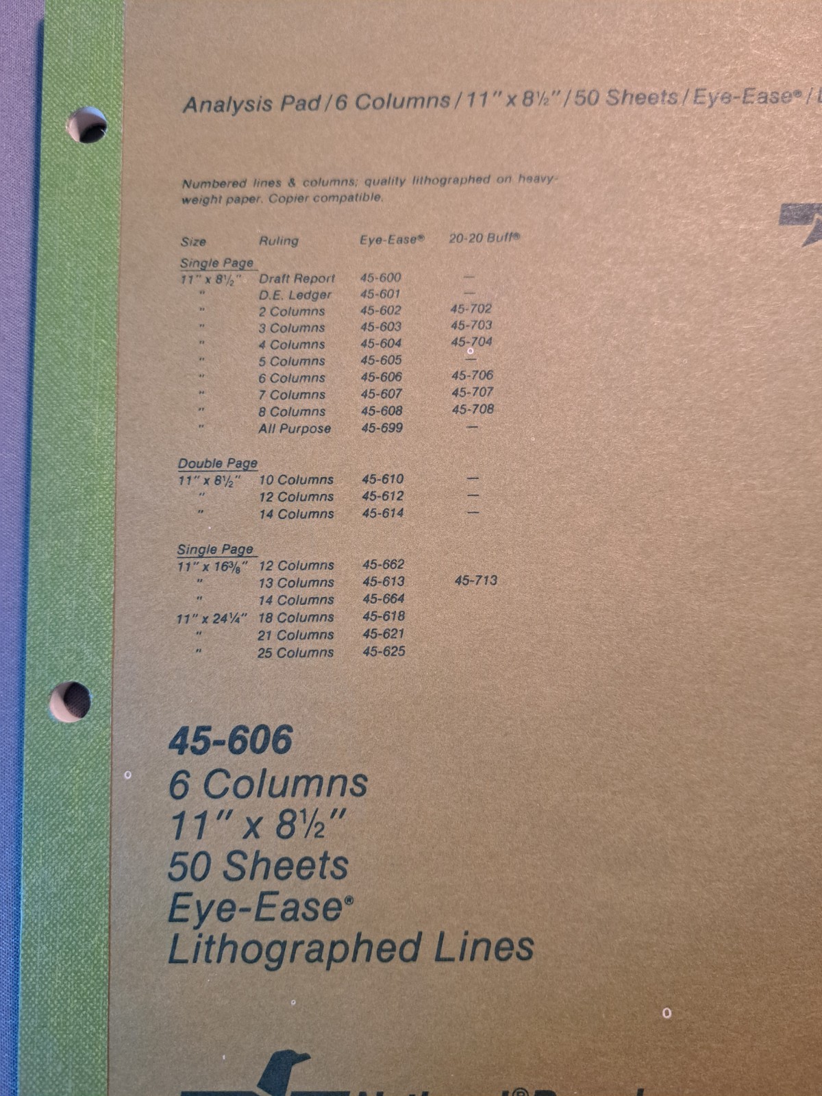 National Brand Analysis Pad 6 Columns 45-606 Eye-Ease 11″ x 8.5″ LOT OF 2