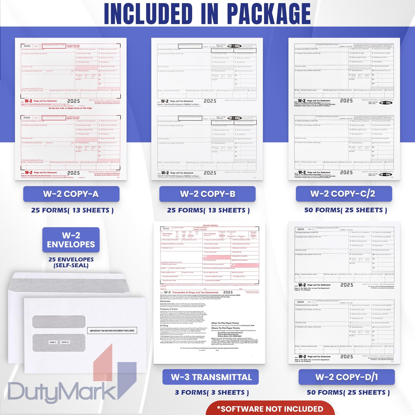 W2 Forms 2025 with Envelopes, 6 Part W2 Tax Forms for 25 Employees IRS Compat…