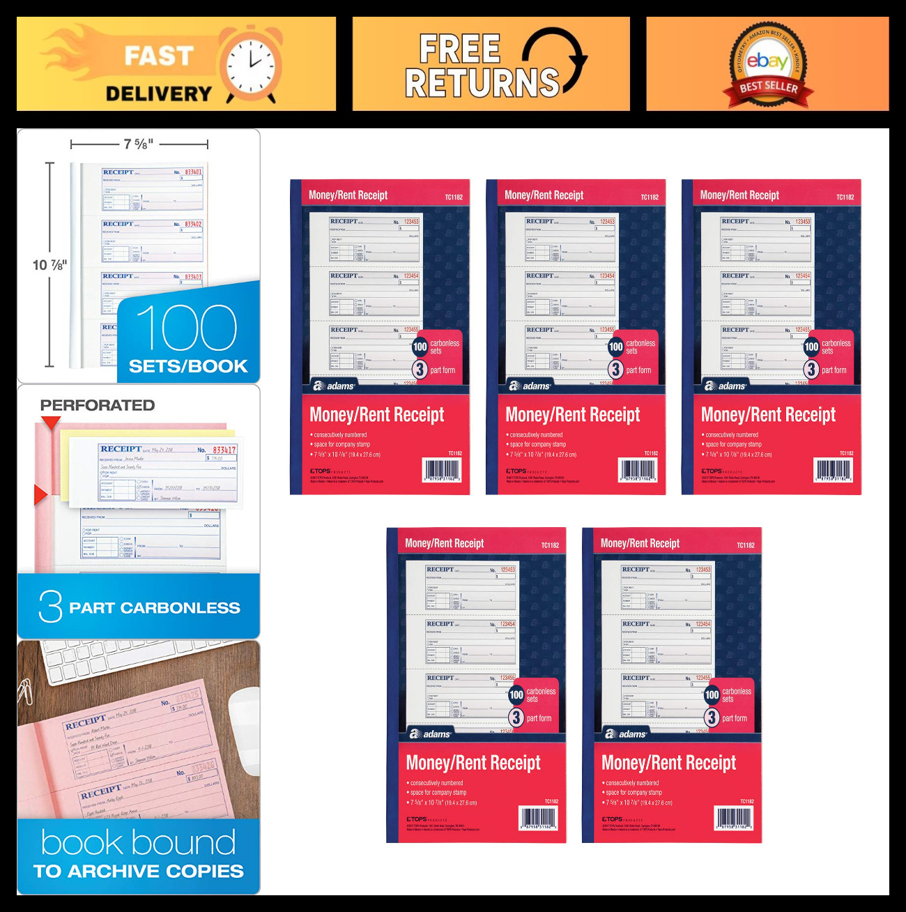 Carbonless Money & Rent Receipt Books – 3-Part, 100 Sets, Wraparound Cover, 5 Pa