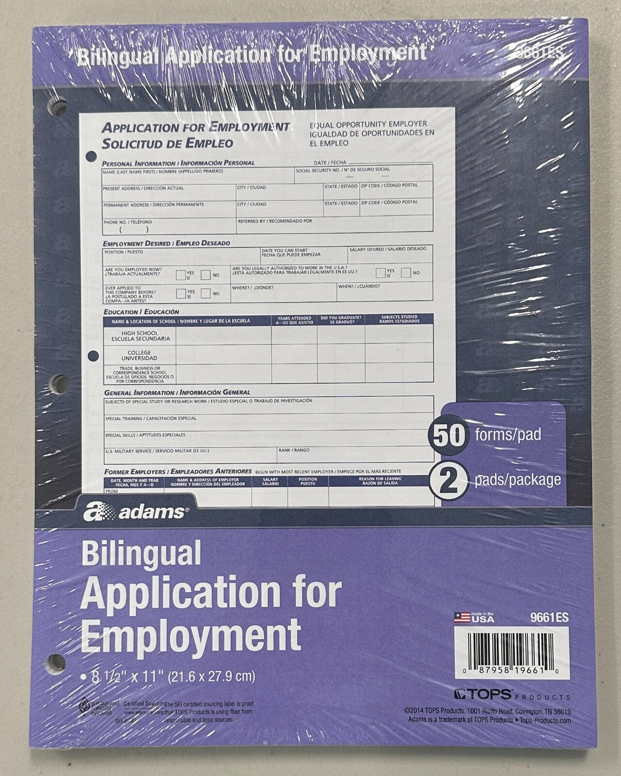 Adams 9661 BILINGUAL Application for Employment, 100 Forms, 8 1/2″ x 11″ NEW