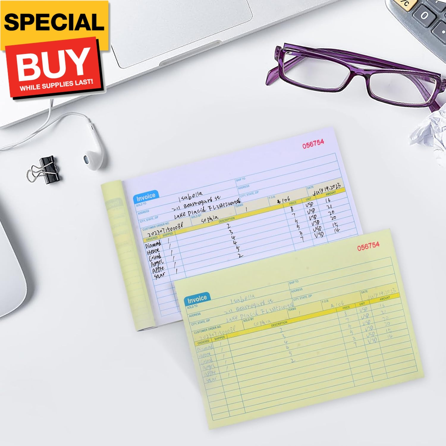 2 Packs Invoice Book for Small Business 2-Part Carbonless, 5-1/8”x7-29/32” Recei
