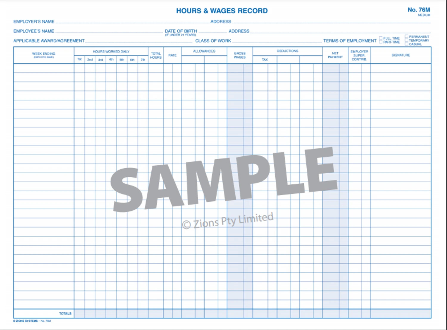 ZIONS 76M HOURS AND WAGES RECORD BOOK (MEDIUM)