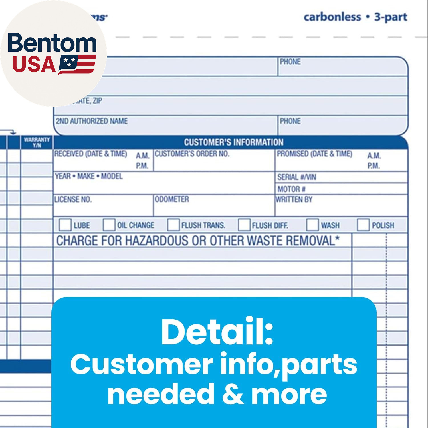 Auto Repair Order Forms, 8.5 X 7.44 Inch, 3-Part, Carbonless, 50-Pack, White and