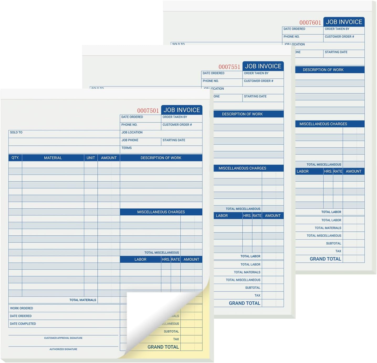 150 Sets Job Invoice Forms, 2 Part Carbonless, 8.5X11 Inch Numbered Labor and Ma