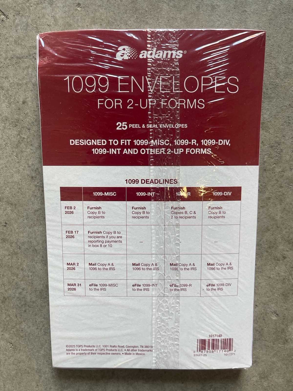 50 SEALED ADAMS 1099-INT-MISC-R-DIV-INT-OTHER 2-UP FORMS PEEL AND SEAL ENVELOPES