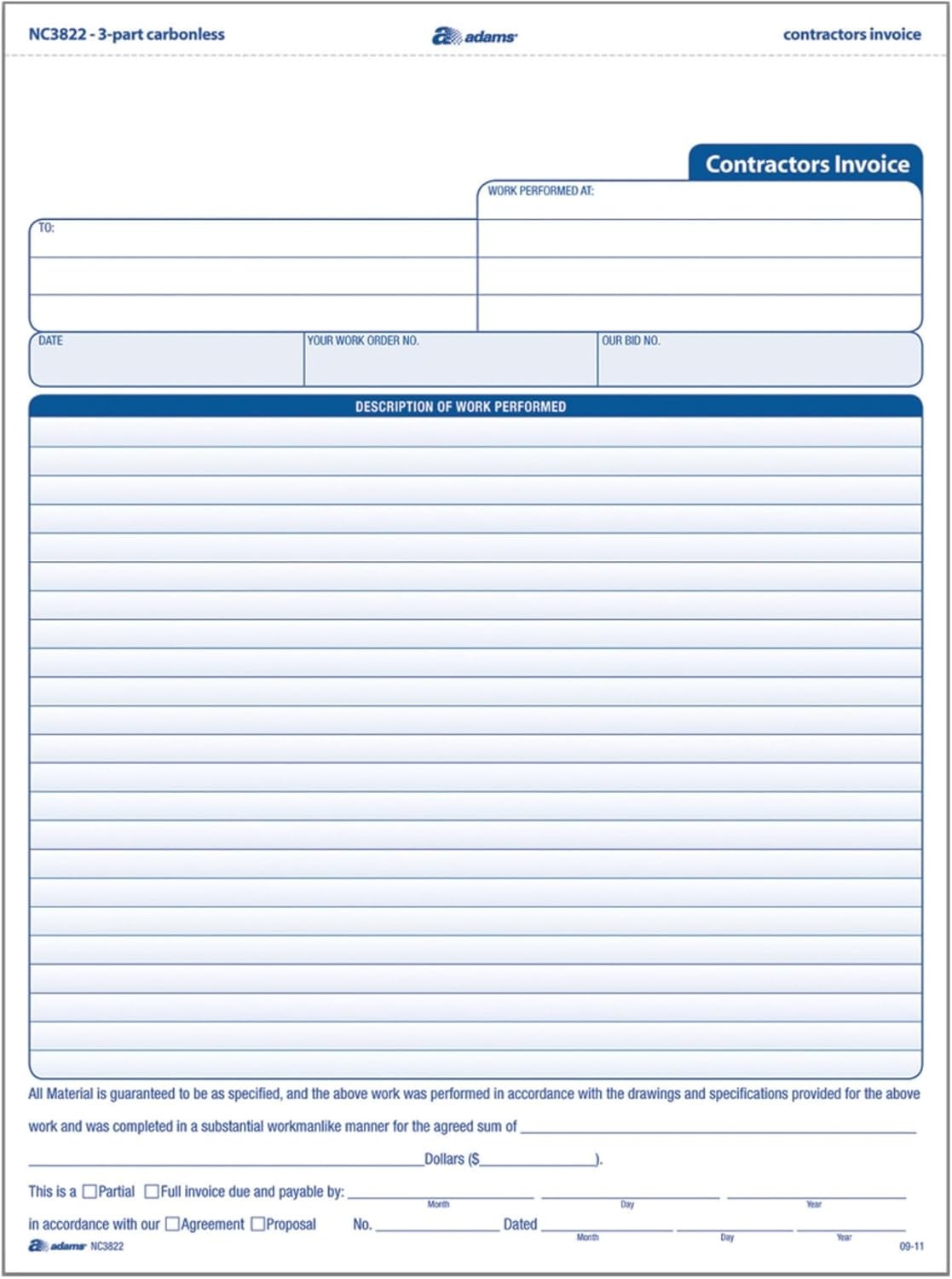 Adams Contractor Invoice Forms, 8.5 x 11.44 Inch, 3-Part, Carbonless, 100-Pack,