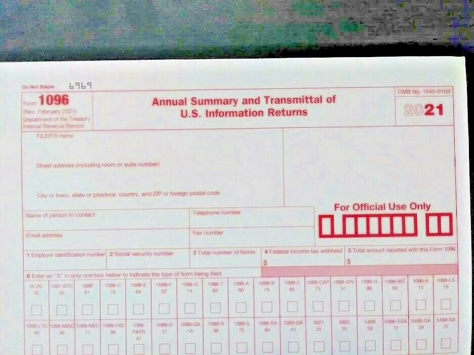 2021: 5 SHEETS 1099-MISC IRS Miscellaneous Income Tax & 3=1096 Transmittal Forms