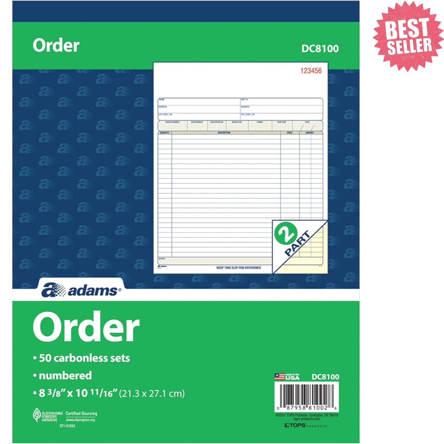 Order Book, 2-Part, Carbonless, White/Canary, 8-3/8 x 10-11/16 Inches, 50 Set…