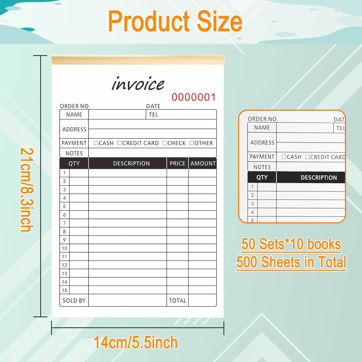 10 Pack Receipt Book, 2-Part Carbonless Sales Invoice Book with Cardboard Copies