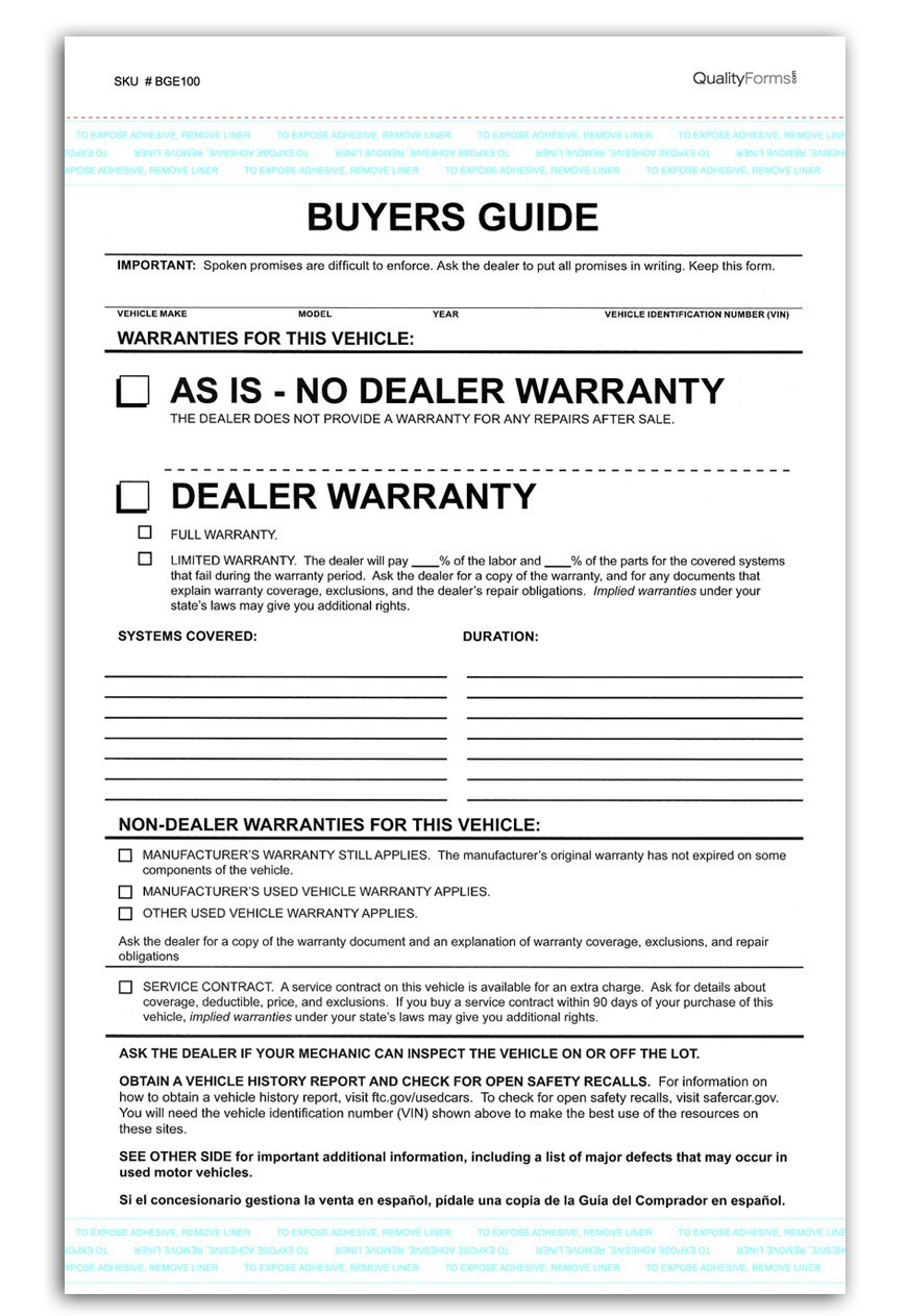 2-Part Federal Buyers Guide Waranty Form, Adhesive Tape, English – 300 pack